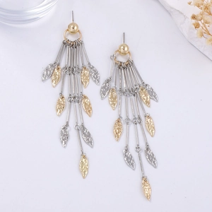 Zweifarbige Gold Silber Gehämmerte Metall Blatt Quaste Ohrhänger Für Damen Vintage Böhmische Lange Strass Ohrringe Schmuck