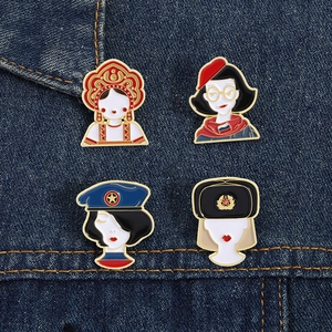 Set of 4 Russian-style enamel pins with traditional folk and military female motifs