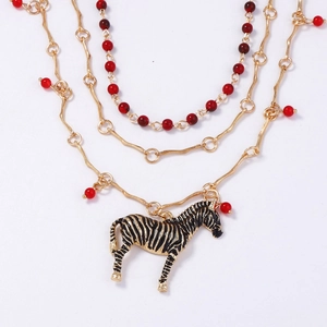 Retro Boho Mehrlagige Halskette Für Damen Legierung Goldfarbene Kette Mit Zebra Anhänger Und Roten Perlen Modeschmuck Geschenk