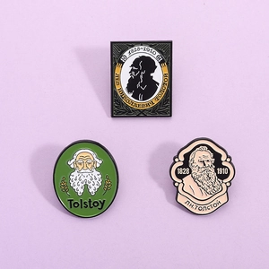Three-piece Leo Tolstoy enamel brooch set with unique metal pins for literary fans