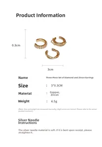 Macro shot of three-piece zircon ear cuff set in gold plating with detailed measurements