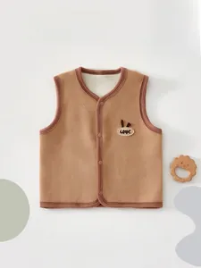 Detail of khaki fleece baby vest featuring cute rabbit ear embroidery and snap buttons