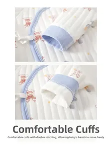 Close-up of comfortable quilted cotton cuffs with blue trim and cute deer patterns