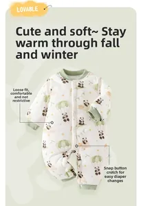 Detail view of winter baby romper with panda print, warm padded cotton and snap closures