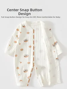 Detail of snap-button closure on white ribbed cotton baby jumpsuit with panda print