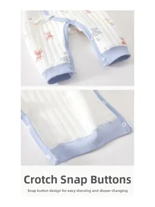 Detail showing snap button closure at the crotch for easy diaper changes on baby romper