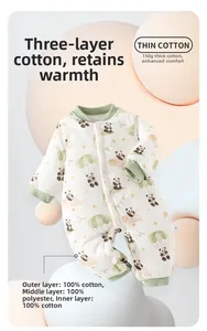 Detail of 100% cotton padded baby jumpsuit with panda print and 150g warm insulation