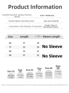 Detailed size chart for baby fleece vest showing length and chest measurements for infants