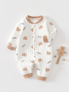 Newborn Baby Quilted Cotton Romper Long Sleeve Thick Warm Jumpsuit Cartoon Bear Print Autumn Winter Infant Bodysuit Soft Sleepwear