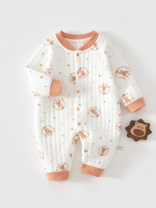 Newborn Baby Quilted Cotton Romper Thermal Long Sleeve Jumpsuit Cute Cartoon Printed Air Cotton Infant Bodysuit Pajamas