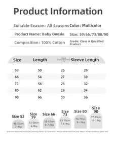 Detailed size chart for 100% cotton baby romper showing measurements and body weight guides