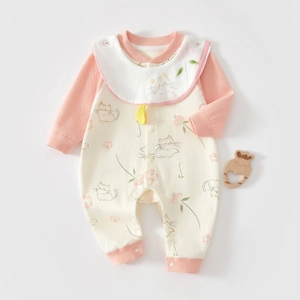 Detail of soft cotton baby romper set with hollow knit texture and cat floral pattern