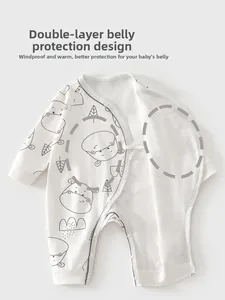 Detail view of cotton baby romper with double-layer belly protection and elephant prints