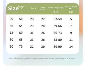 Size chart for newborn winter romper with length, bust, and sleeve measurements