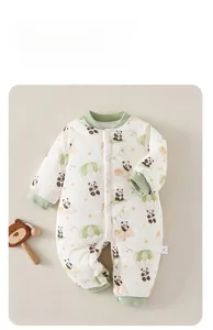 Close-up of baby winter jumpsuit with cute panda, hot air balloon, and star patterns