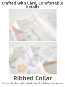 Detail view of cotton baby bodysuit with floral pattern and reinforced neckline