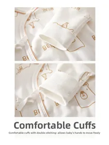 Detail of baby romper cuffs with double-row stitching and cute brown bear patterns