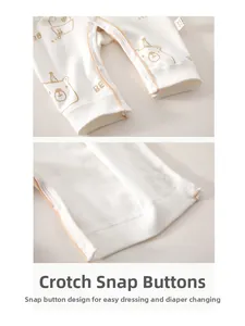 Detailed view of the snap button crotch on a white cotton baby romper with bear print