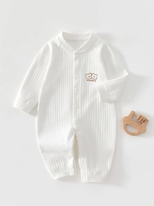 Newborn Baby Long Sleeve Romper 100% Cotton Ribbed Knit Jumpsuit Cute Bear Embroidery Smooth Seams Sleepwear