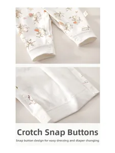 Detail of baby onesie showing secure crotch resin snaps and cute forest bunny print
