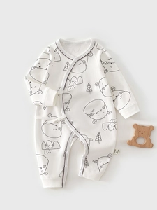 Newborn Baby Cotton Romper Cartoon Hippo Bear Print Kimono Style Sleepwear Jumpsuit Soft Breathable Infant Autumn Outfit