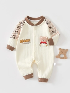 Barboteuse en Coton pour Nouveau-né à Manches Longues Motif Ours Plaid Patchwork Combinaison Confortable pour Bébé Automne Printemps