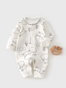 Barboteuse Bébé Nouveau-Né en Coton à Manches Longues Imprimé Ours Hippopotame Combinaison Respirante Pyjama Décontracté