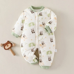 Padded baby winter romper with panda prints and green balloon on beige background