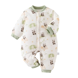 Thick winter baby romper with cute panda and hot air balloon prints in white and green