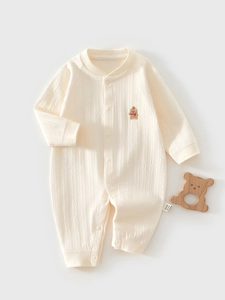 Barboteuse en Coton pour Bébé Manches Longues Texture Nervurée Broderie Ours sans Couture Pyjama Combinaison Nouveau-Né