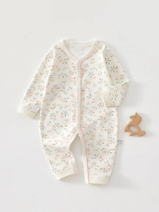 Grenouillère Bébé en Coton à Manches Longues Imprimé Floral Cœur Fraise Combinaison Douce Respirante Pyjama Automne Printemps