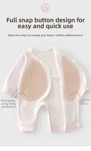Detail of newborn cotton bodysuit with double-layer belly protection and snap closure