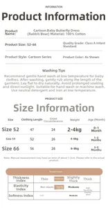 Detailed size chart for newborn 100% cotton bodysuits showing growth dimensions and care