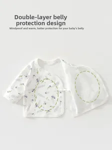 Detail of infant long sleeve wrap top featuring double-layer belly protection and floral print