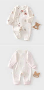 Detailed front and back view of 100% cotton newborn bodysuit with cute bear embroidery