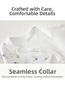 Close-up of cotton baby shirt collar with berry print and durable white snap button