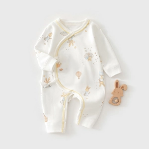 Infant organic cotton long sleeve romper with cute bunny print and side ties