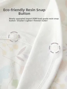 Detail of eco-friendly food-grade resin snap buttons on cotton baby floral romper