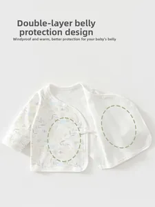 Detail of the double-layer belly protection design on a floral cotton infant wrap top