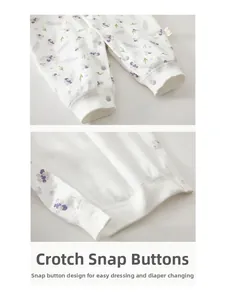 Detail of snap buttons on the crotch of a floral cotton baby bodysuit for easy diaper change