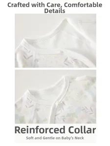Detail view of floral baby bodysuit with bound neckline and soft cotton fabric