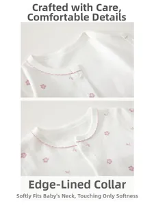 Detail of the soft pink floral baby romper featuring a flexible hemmed neckline and resin snaps