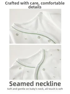 Detail of baby bodysuit neckline with green floral pattern and smooth cotton binding