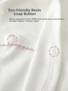Detail of eco-friendly POM resin snaps on soft cotton baby romper for safety and comfort