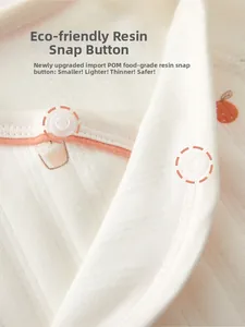 Detailed close-up of safe food-grade resin buttons on soft ribbed cotton baby romper