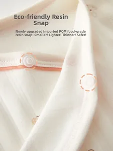 Detail of eco-friendly POM resin snap buttons on cotton baby bodysuit neckline