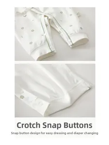 Detail view of crotch snap buttons on floral cotton baby romper for easy diaper changes