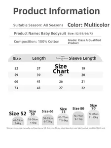 Size chart for 100% cotton baby bodysuit showing dimensions and weight recommendations