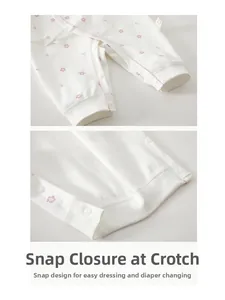 Detail of snap button design on floral baby romper for easy diaper changes