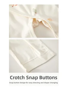 Detail of baby romper snap buttons at the crotch for easy diaper changes and wear